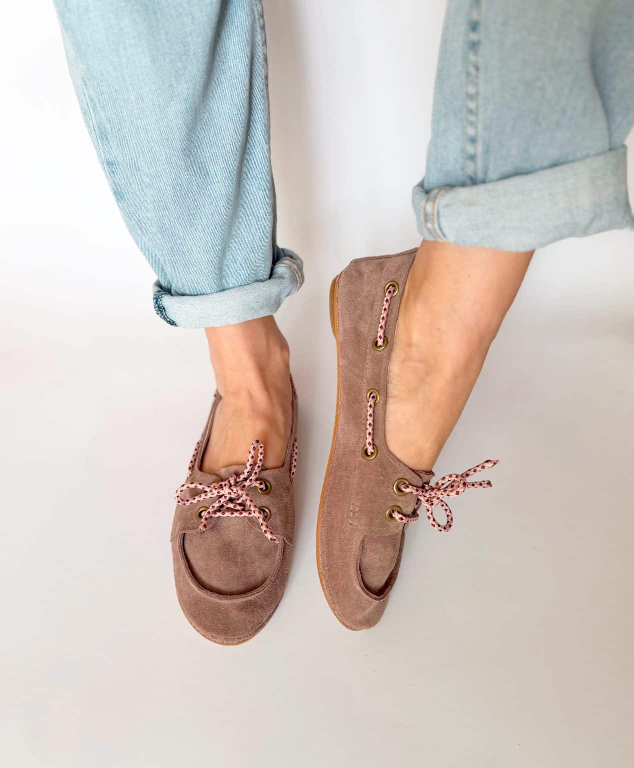 Handmade women's suede boat shoes in dusty rose taupe Italian leather