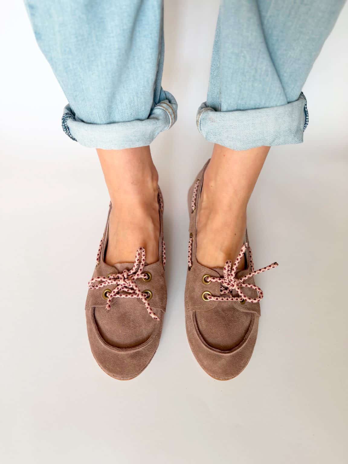 Handmade women's suede boat shoes in dusty rose taupe Italian leather