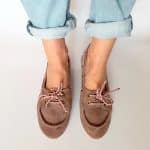 Handmade women's suede boat shoes in dusty rose taupe Italian leather