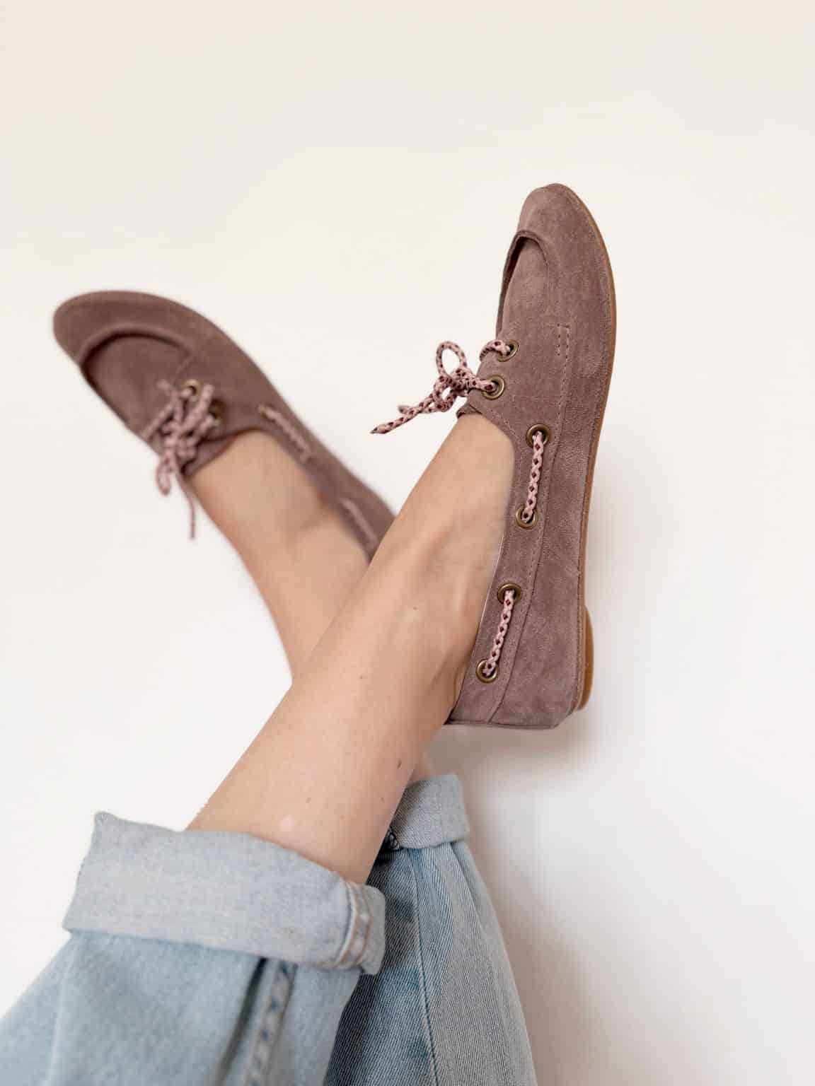 Handmade women's suede boat shoes in dusty rose taupe Italian leather