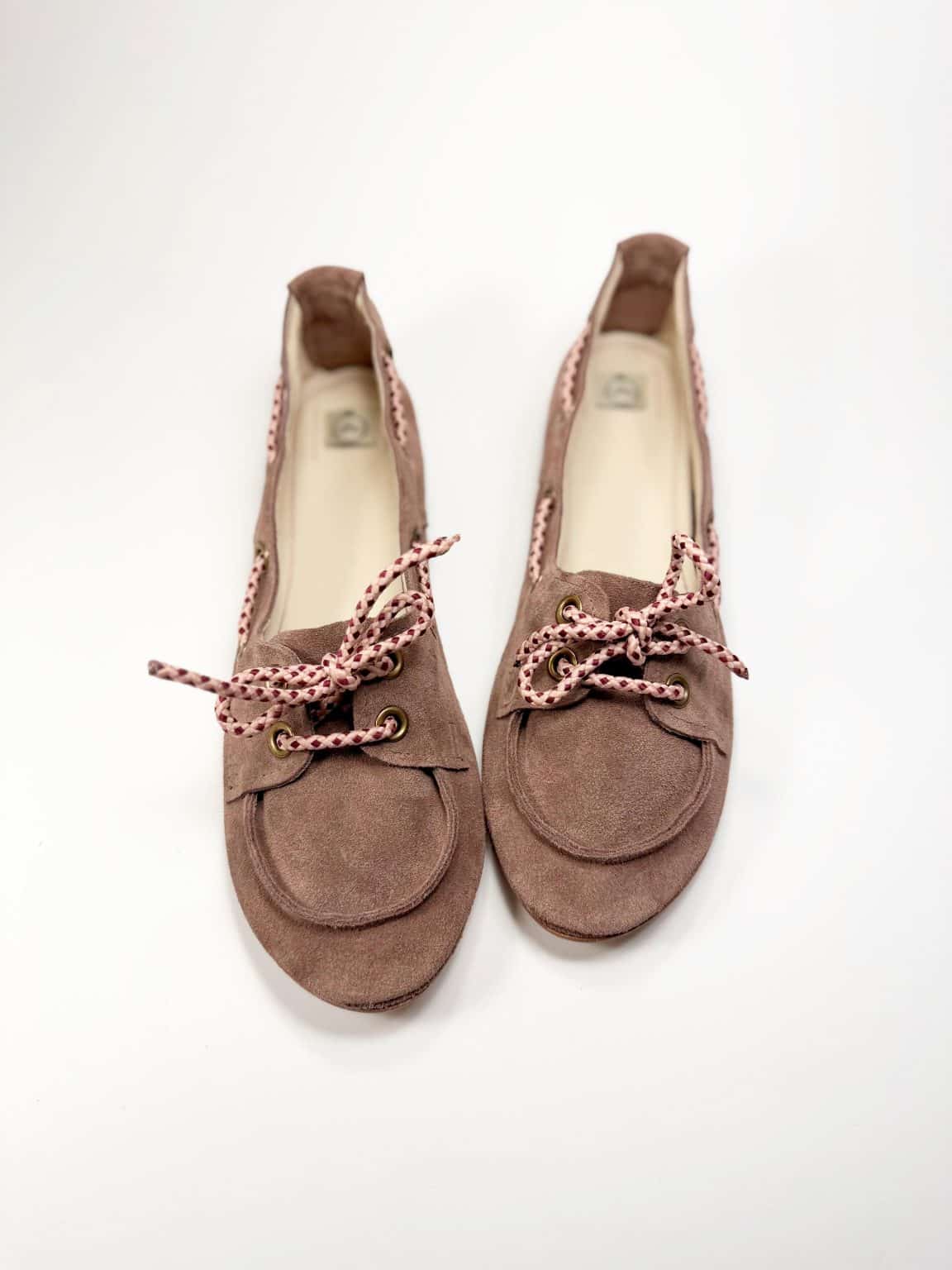 Handmade women's suede boat shoes in dusty rose taupe Italian leather