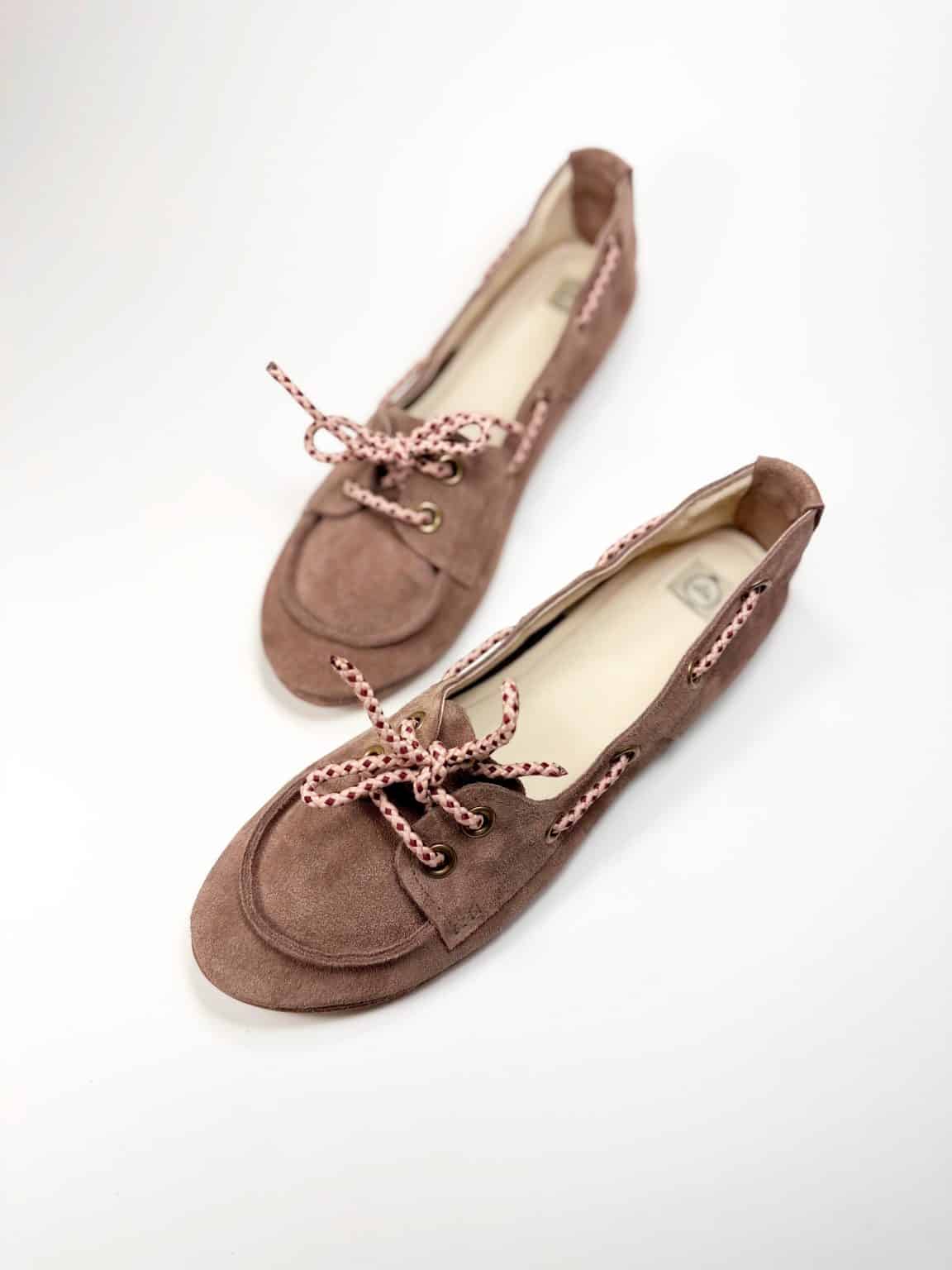 Handmade women's suede boat shoes in dusty rose taupe Italian leather