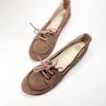 Handmade women's suede boat shoes in dusty rose taupe Italian leather