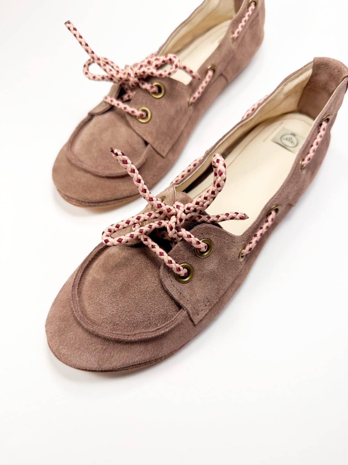 Handmade women's suede boat shoes in dusty rose taupe Italian leather