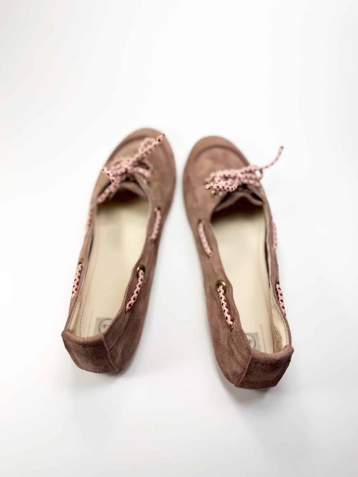 Handmade women's suede boat shoes in dusty rose taupe Italian leather