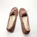 Handmade women's suede boat shoes in dusty rose taupe Italian leather