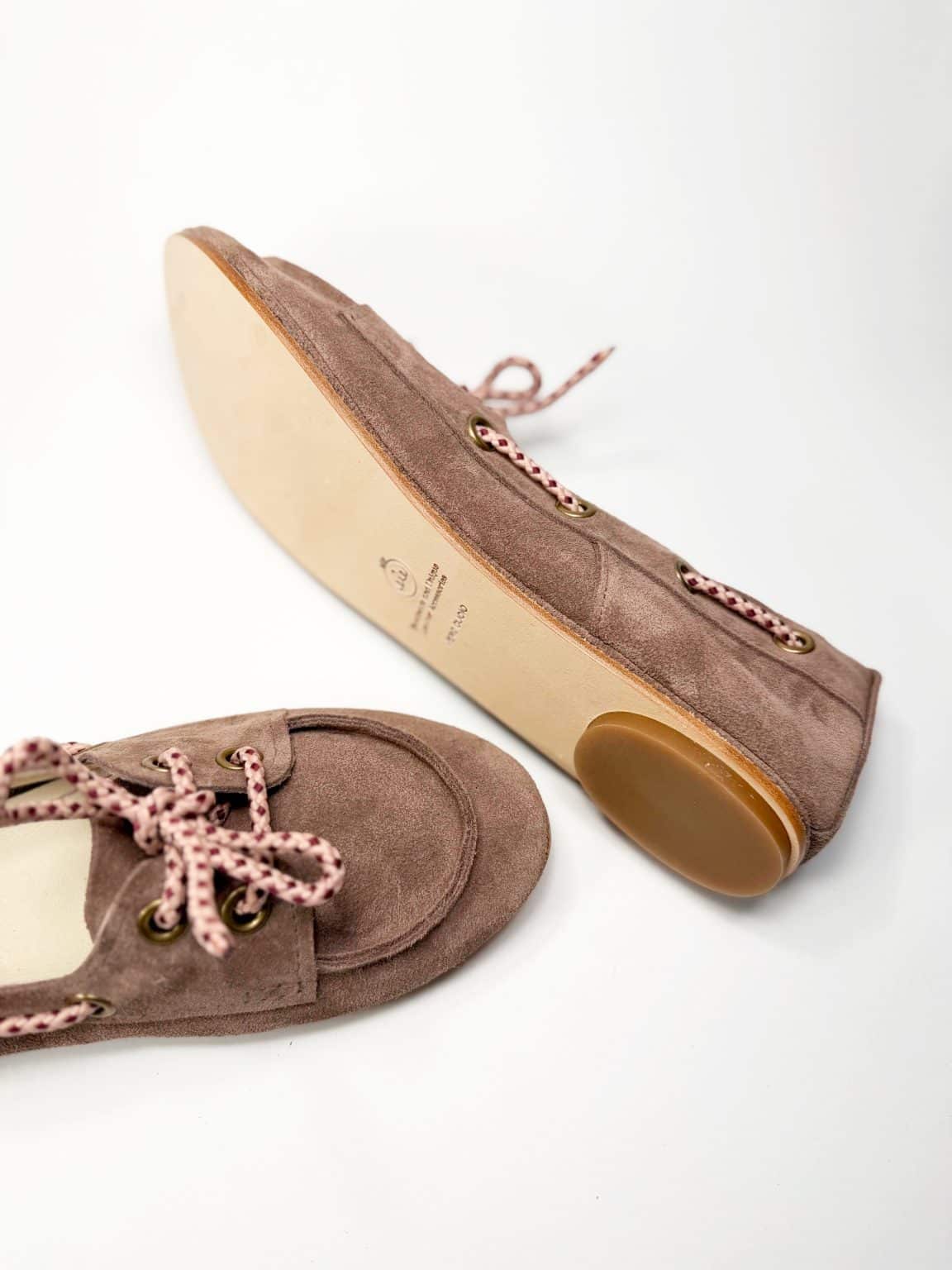 Handmade women's suede boat shoes in dusty rose taupe Italian leather