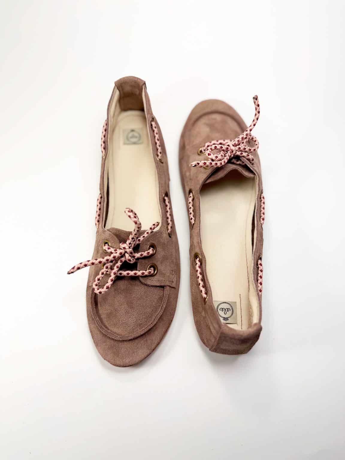 Handmade women's suede boat shoes in dusty rose taupe Italian leather