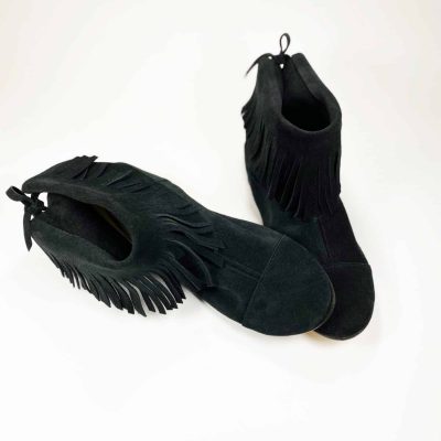 Ankle Booties with Fringes in Black Soft Italian Suede Leather, Elehandmade Boots Shoes, black indian fringed ankle boots, Minnetonka booties