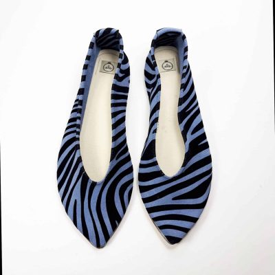 Handmade pointy toe flats in black and blue printed zebra Italian leather