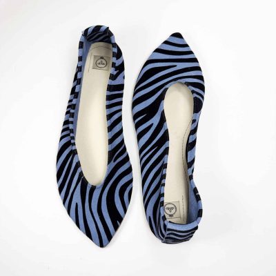 Handmade pointy toe flats in black and blue printed zebra Italian leather