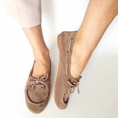 Handmade women's suede boat shoes in dusty rose taupe Italian leather
