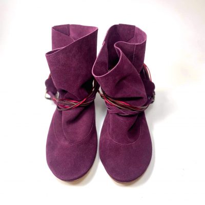 Ankle Boho Boots in Italian Soft Oxblood Leather, Burgundy Plume Floppy Booties, Elehandmade Shoes