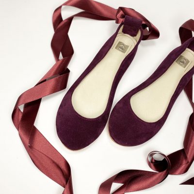 Bridal Ballerina Style Shoes in Burgundy Leather with Satin Ribbons, Elehandmade Shoes
