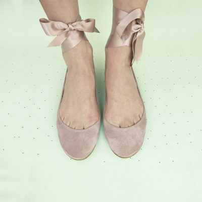 Bridal Ballerina Style Shoes in Rose Quartz Italian Leather with Satin Ribbons, Elehandmade Shoes