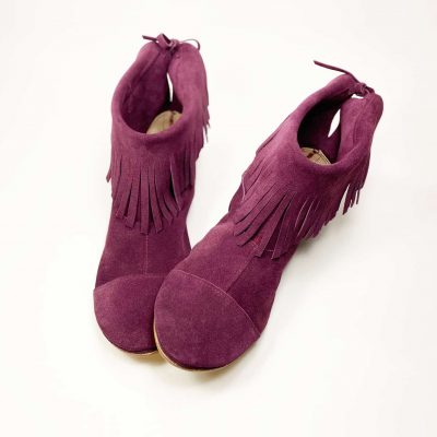 Fringed Ankle Boho Booties in Italian Soft Oxblood Burgundy Suede Leather, Elehandmade Shoes, Indian fringe ankle booties in prune soft suede